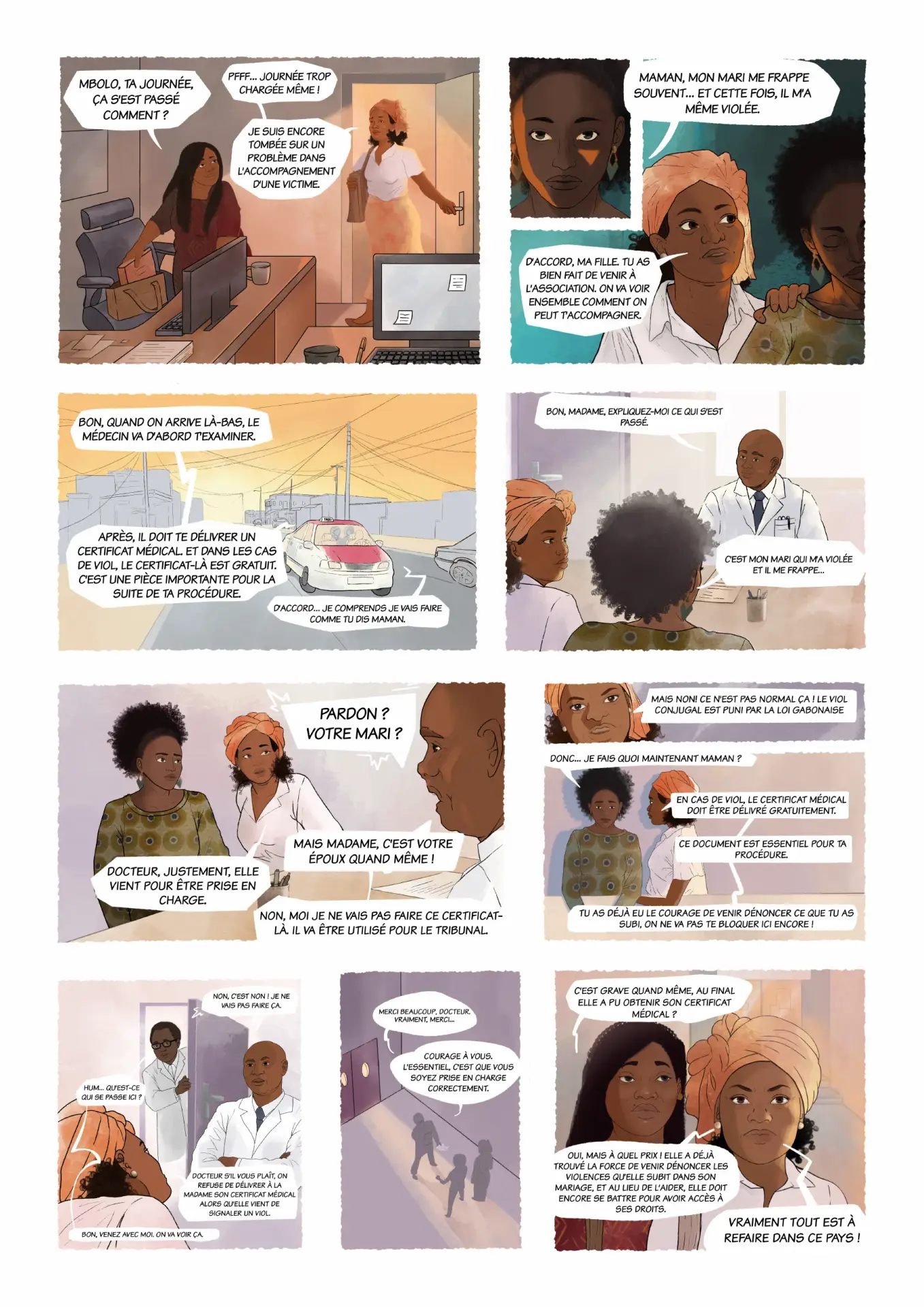 Planche de bande dessinée ACT VBG montrant une femme accompagnée par une association et confrontée à des obstacles lors de sa prise en charge médicale.