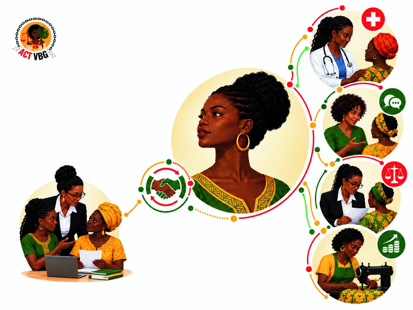 Illustration de la capitalisation du projet ACT VBG montrant une femme entourée de plusieurs acteurs.rices de la prise en charge médicale, psychosociale, juridique et économique au Gabon.