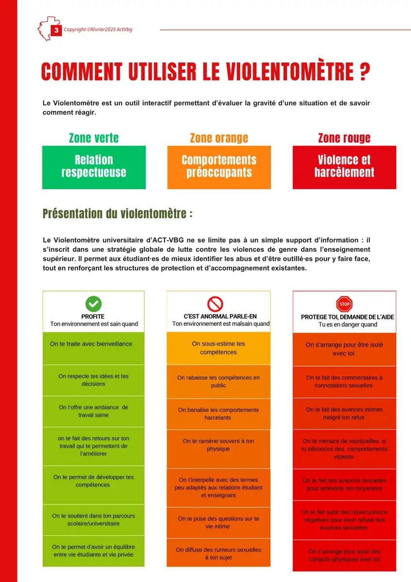 Violentomètre universitaire ACT VBG : zones verte, orange et rouge pour reconnaître les comportements respectueux, abusifs ou violents.